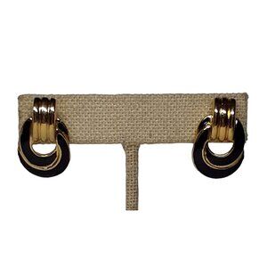 Trifari Pierced Earrings Black Enameled over Gold Tone Studs Vintage